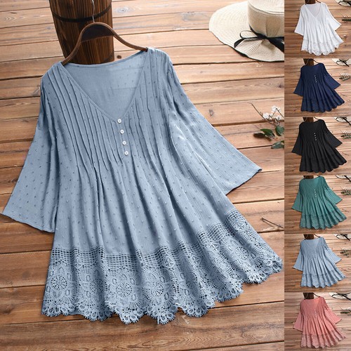 Plus Size 20-28 Womens Lace V Neck Tunic Tops Ladies Baggy Casual T Shirt Blouse - Picture 21 of 28