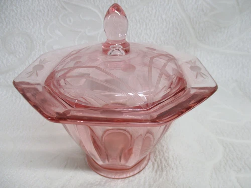 Vintage Etched Pink Depression Glass Lidded Candy Dish Sugar Bowl