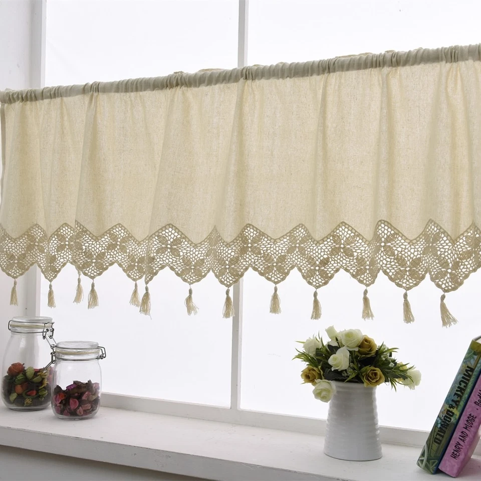 Cortina de cocina hecha a mano algodón lino ventana cortina cenefa borla panel decoración Foto 3 de 4