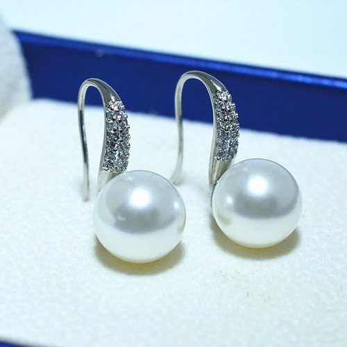 Sea Shell 12mm White Pearl Dangle/Drop Hoop Earrings White Gold Plate Silver