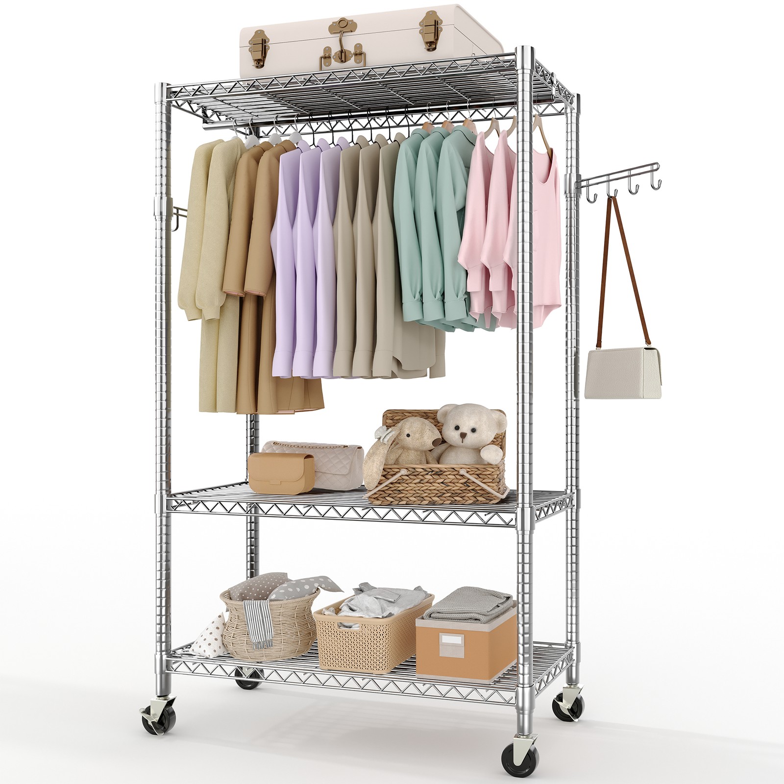 Porte-vêtements 3-tier et organisateur placard dressing indépendant à étagères modulables