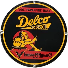 VINTAGE DELCO MOTOR OIL PORCELAIN SIGN GENERAL MOTORS INDEPENDENT GAS STATION