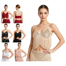 Women Latin Club Crop Top Padded Bra Dance Competition Cha Cha Spaghetti Straps