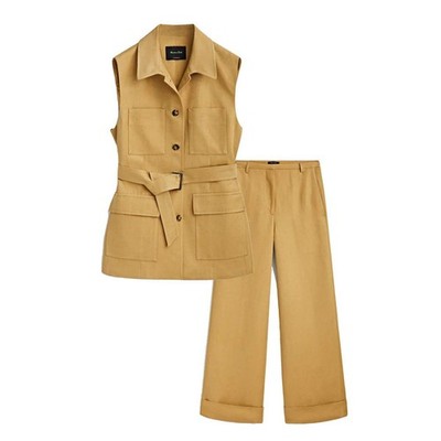Massimo Dutti Pant Suit Women 10 Tan Belted Sleeveless Safari Vest Trousers Set