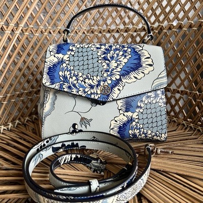 Tory Burch Floral Print Leather 2Way Shoulder Handbag Blue Authentic Bag JAPAN