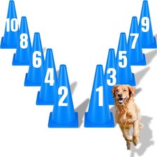 12 Inch Dog Agility Hurdle Cone Set with 10 Blue Training Cones 2 Number Stic...