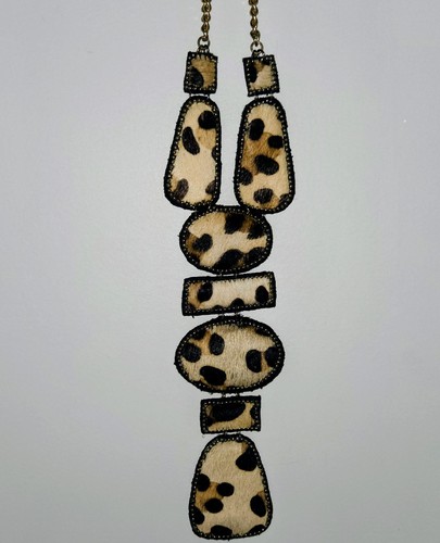 Chico's Leopard Print Faux Fur Pendant Necklace Gold Tone Curb Link 20"