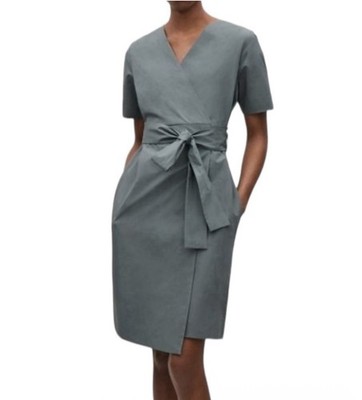 COS Wrap Dress Women s 36/ 6 Stone Gray Poplin  Waist Tie Pockets V-neck Preppy
