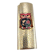 Vintage 1970s Owl Enamel Metal Bic Lighter Case Sleeve Hippie Boho Style