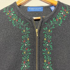 Vintage Karen Scott Wool Embroidered Sweater Full Zip Cardigan Medium Classic