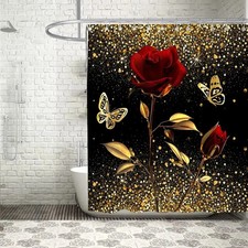 golden rose bathroom curtain, plant shower curtain, waterproof bathroom-decoran