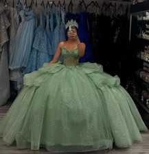 Green Sparkly Quinceanera Dresses  Lace Beads Corset vestido 15 anos quinceanera