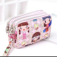 Pink Cartoon Girls Triple Zip Wristlet Wallet Clutch Phone Bag Purse