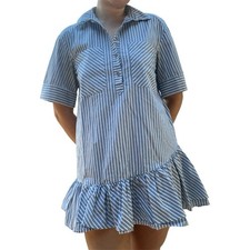 Zara Blue and white striped cotton dress with ruffled hem and short sleeves (XS)