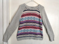 Chaps Womens Sweater XL Fair Isle Gray Pink Purple White Lightweight Long Sleeve