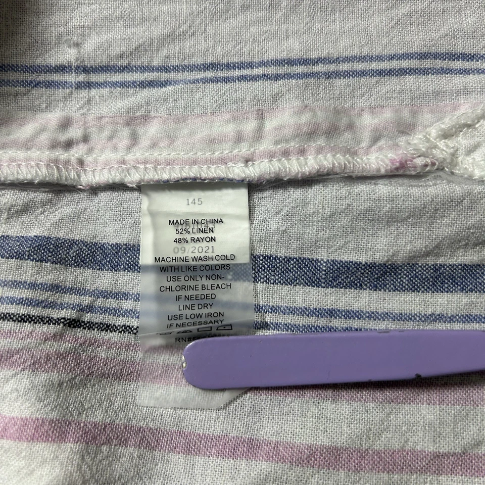 Vince Camuto Linen Rayon Blouse Women M Pink Blue White Stripe Button Up Relaxed - Image 3 of 4