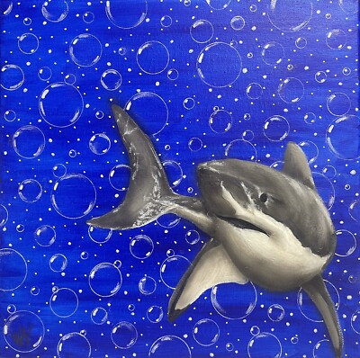 Original Surrealist Painting,Great White  12x12 Acrylic Canvas,Signed,COA
