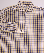 TM Lewin Blue Yellow White Check Cotton French Cuff Dress Shirt 39 15.5-34/35