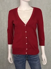 Women Banana Republic Medium Red Faux Pearl Button Cardigan Sweater 3/4 Sleeve