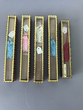 5 Vintage Chinese wooden hand fans w/tassels original glass top boxes Tags