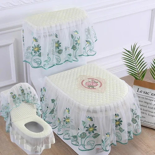 3 Pcs/set Floral Lace Mesh Velvet Toilet Seat Cover Zipper Lid Pads Protector - Picture 13 of 24