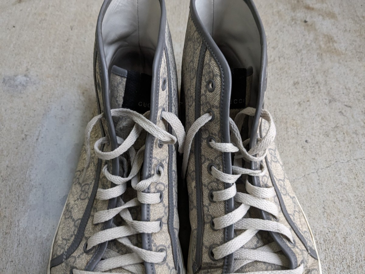 Gucci Sneakers Gray Canvas Monogram Men 12.5 Logo Leather Shoes