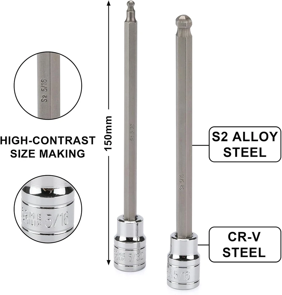 Juego de brocas hexagonales de extremo de bola largo de 3/8" de 18 piezas, CR-V, acero S2, Sae/métrico, E Foto 3 de 4
