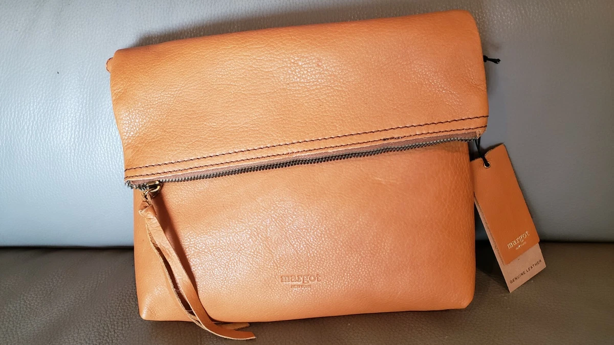 New Margot Robbie Fold over Crossbody Bag Cognac Leather Converts to Clutch