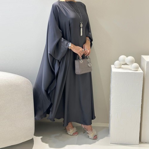 Satin Kaftan Muslim Women Dress Batwing Sleeve Loose Abaya Modest Robe Cocktail - Picture 49 of 59