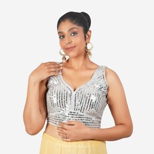 Indian Ethnic Silk White Strap Sleeve Mirror Work Readymade Blouse For Women