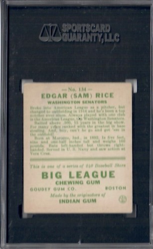 SGC 4 Authentic 1933 Goudey #134 Edgar (Sam) Rice Signed VG/EX Deceased 1974 HOF - Picture 2 of 2