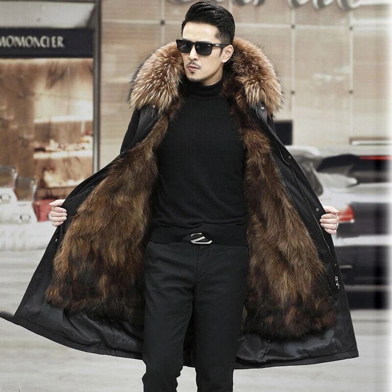 Men Real Raccoon Fur Lined Parka Jacket Winter Warm Hooded Thicken Coat Overcoat - Image 2 of 4
