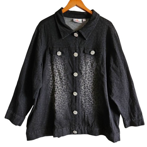 Quacker Factory Denim Jacket Leopard Rhinestone Button Front Black 2X NWT - Picture 2 of 10