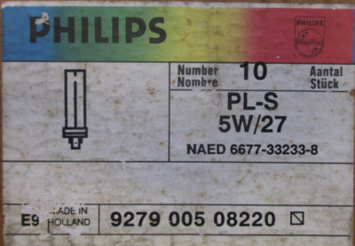 PHILIPS LAMP NO: PL-S 5W/27 2 PIN G23 BASE 5W 250 LUMENS 10,000 LIFE HOURS E9