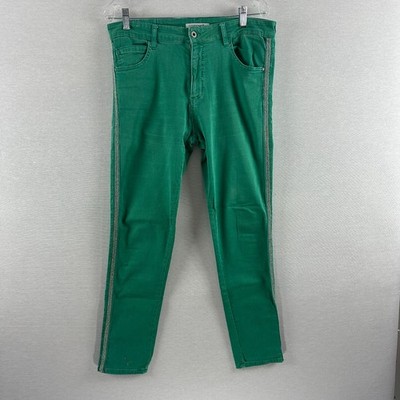 UNISONO WOMEN'S GREEN / MINT SLIM LEG FIVE POCKETS SIDE BEADED STRIPES SIZE XL