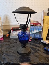 Vintage Cobalt Blue Glass Oil Lamp Bullseye Pattern Metal Base Hong Kong As Is
