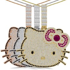 67 Grams Big 2.75" VVS/D Zirconia Cute Hello Kitty Head Charm Pendant Chain