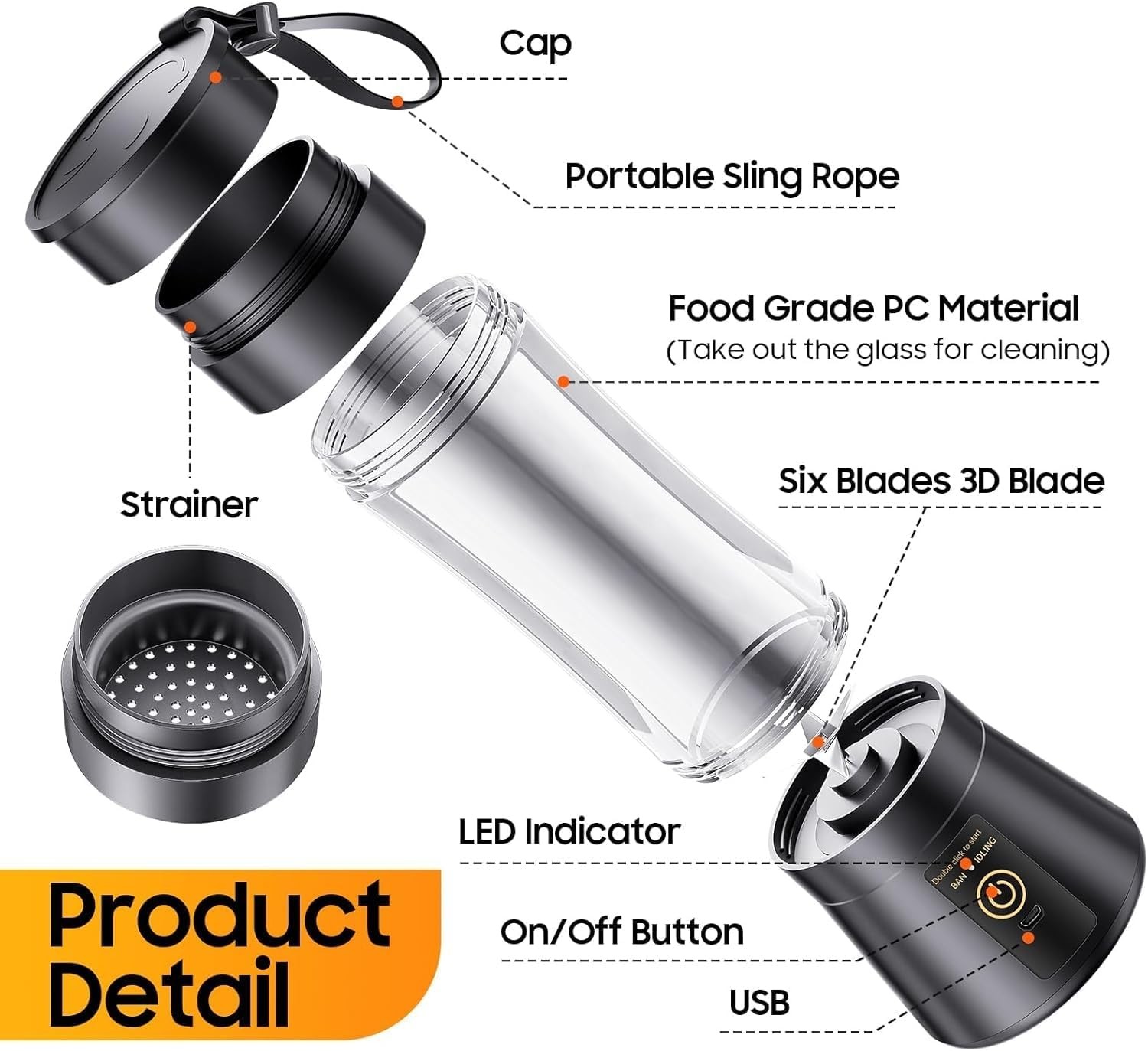 Portable Blender, Cordless Personal Smoothie Blender with USB Rechargeable & 6 B