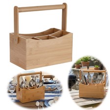 Holz Besteckhalter 22cm Braun 4 F&auml;cher mit Griff Cutlery Besteckkorb Stiftebox