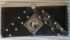 Guess Black Patchwork Clutch Wallet – Mixed Textures & Studded Detail – G Logo