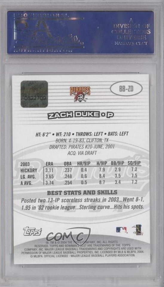 2004 Bowman's Best First Year Zach Duke #BB-ZD PSA 10 GEM MT Rookie Auto RC - Image 2 of 2