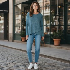 Mod-O-Doc Women's Teal Slub Jersey Long Sleeve Crossover Rib Hem Top Size S Cozy