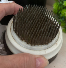 Vtg 3.25" ROUND Metal Pin Spike FLOWER FROG White Plastic Base EPHEMERA DISPLAY