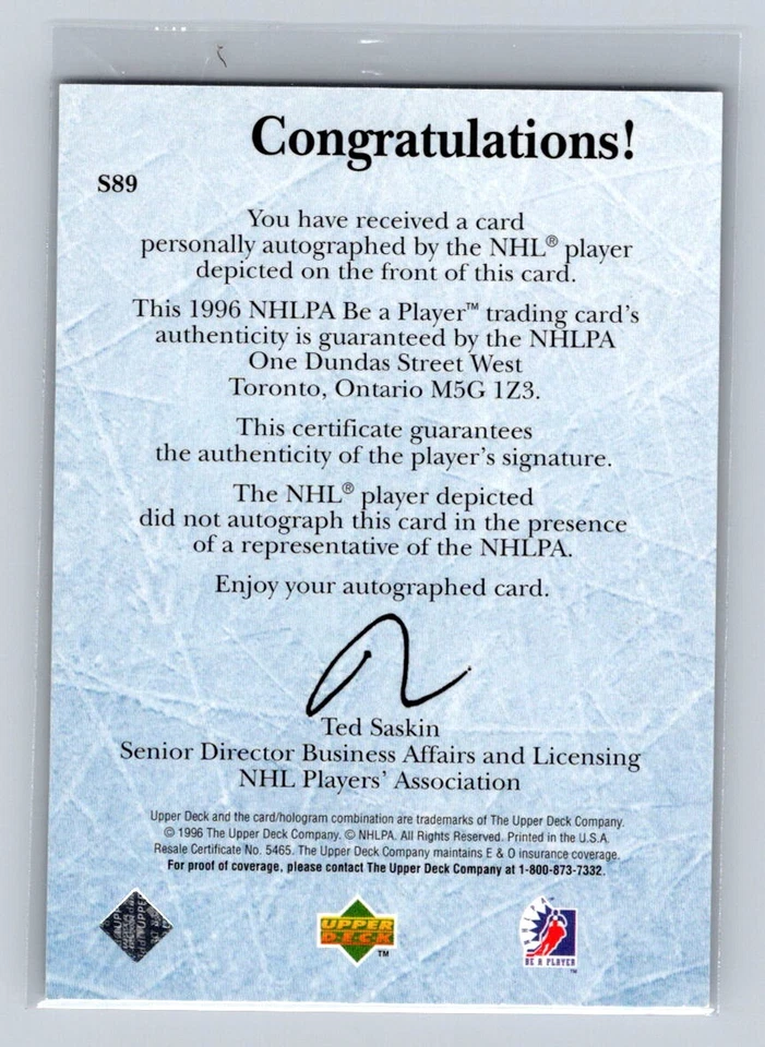 1995-96 Upper Deck Be a Player #S89 Todd Elik AU Boston Bruins - Image 2 of 2