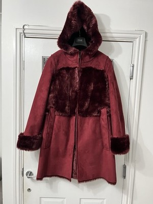 Adolfo Dominguez Women's Faux Suede,  Faux Shearling Coat, Burgundy, UK 8, EU 38