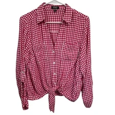 Jones New York Pink Gingham Plaid Roll Tab Sleeve Tie Front Blouse Top - L