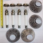 SET 4 ANTIQUE TWILIGHT MILK GLASS KEROSENE CANDLE PEG LAMP w/CHIMNEYS TIN SHADES