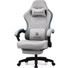light gray gaming chair with cushion, armrests, and footrest