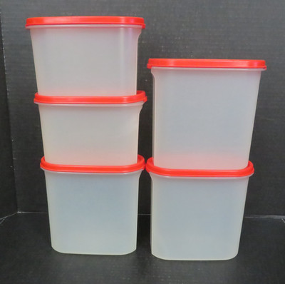 5 SHEER TUPPERWARE OVAL MODULAR MATES #1612 & #1613, WITH RED LIDS #1616