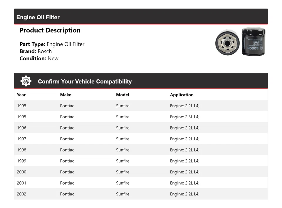 Filtro de aceite de motor para Pontiac Sunfire Bosch 1995-2002 1996 1997 1998 1999 2000 Foto 2 de 3